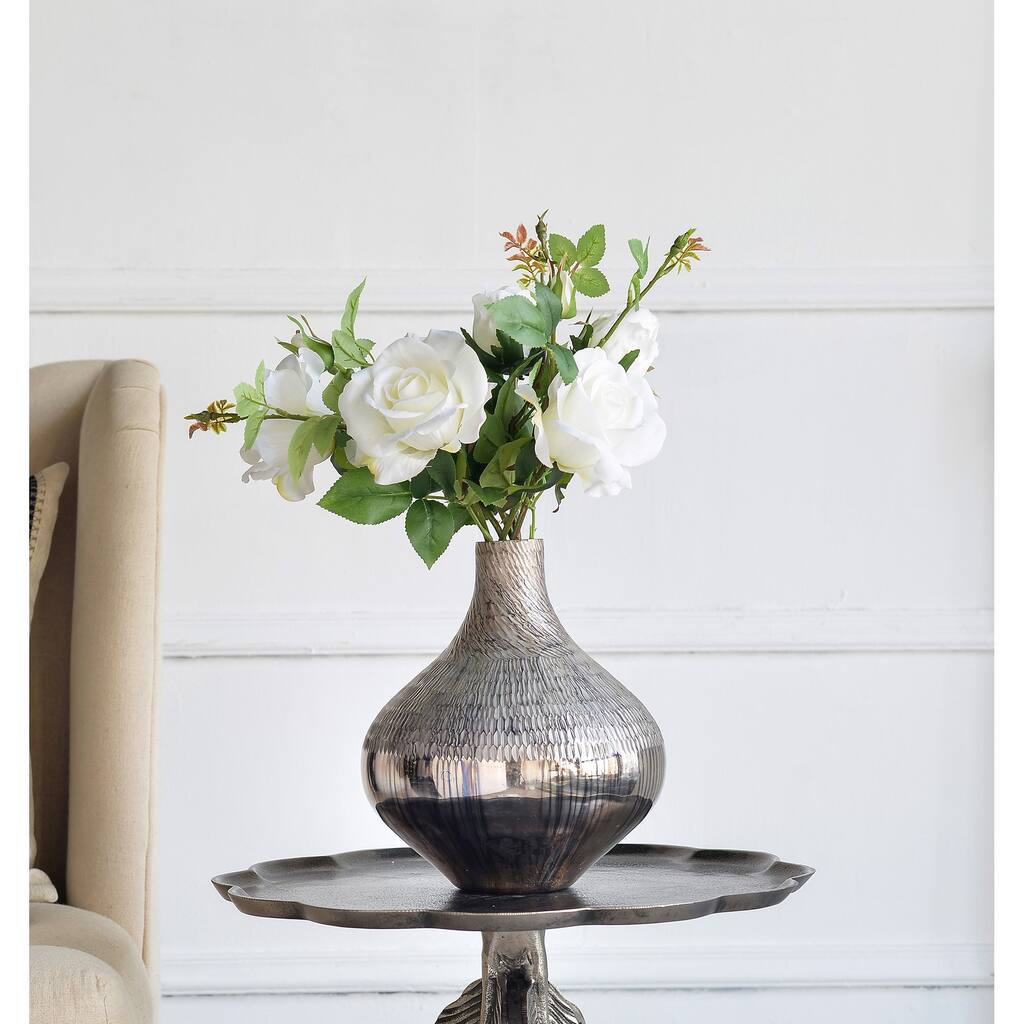 D9x10" Silver Glass Vase with Geometric Textured Pattern Modern Home Decor