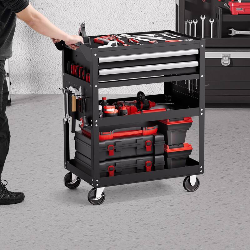5-Tier Rolling Tool Cart with Pegboard and Lockable Drawers, 400 lb - 30.9 x 17.7 x 37.2 in