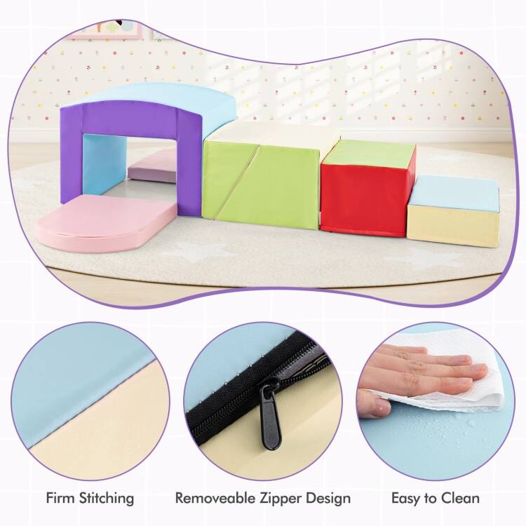 Multicolor PU Foam Climbing Blocks 6 Pieces, Safe, Versatile, Educational Playset for Kids, Tunnel - 16" x 12" x 10" (L x W x H)