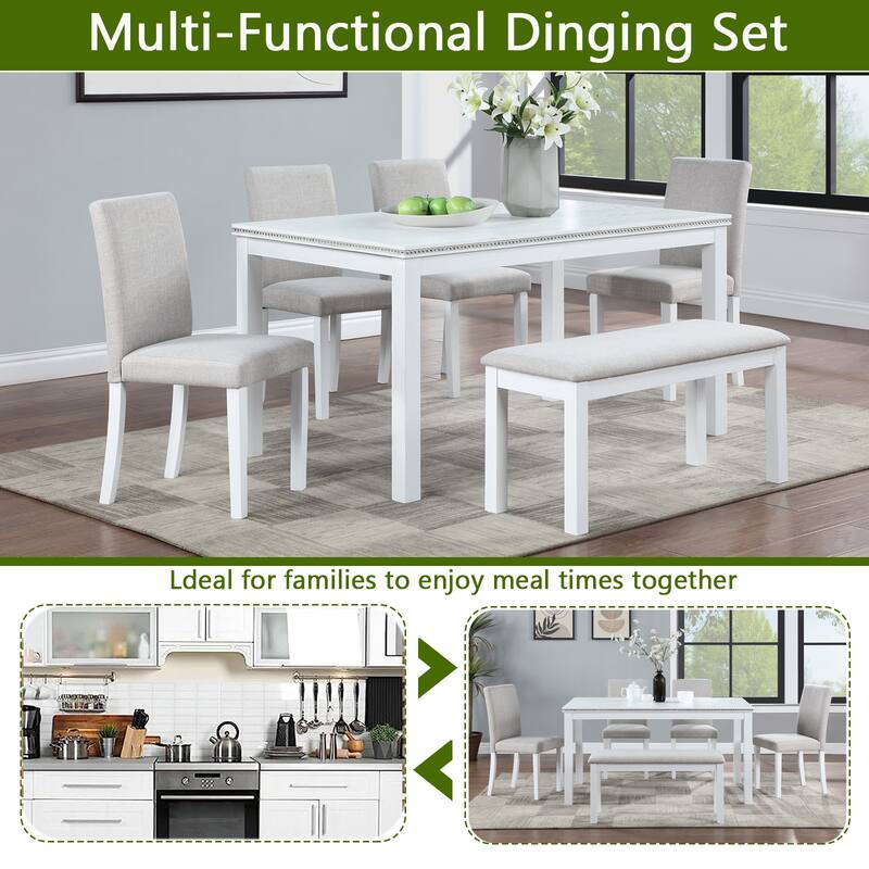 6-Piece, Modern Dining Table Set with Crystal-Embellished Dining Table and 1 Bench, for Kitchens and Dining Rooms, White