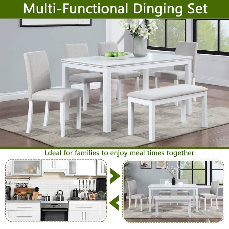 GDFStudio - Elmsley 6-Piece Classic Wooden Dining Table Set with 4 Upholstered Chairs and Bench
