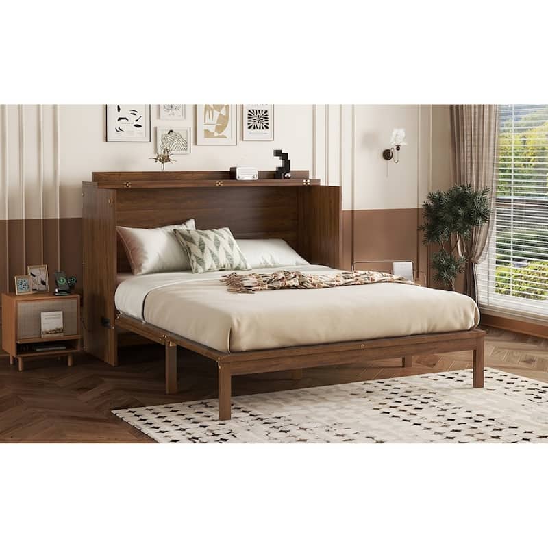 Roomfitters Queen Murphy Bed Cabinet, Pine Wood Fold-Down Bed with Power Station and Rattan Accent Panel