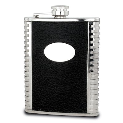 Curata Black Faux Leather Polished Stainless Steel 8 Ounce Hip Flask Funnel Oval Engraving Area