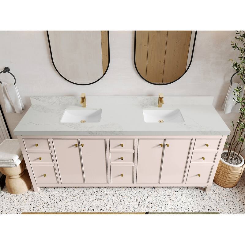 Willow Collections 84 in. W x 22 in. D Chicago Double Bowl Sink Bathroom Vanity with Countertop - 2”Calacatta Nuvo - Pink