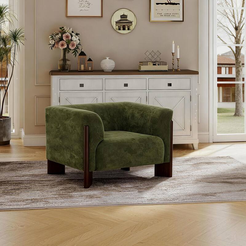 Mid-Century Tuxedo Arm Roomy Barrel Chair Oversized Loveseat Sofa - Green-Chenille - Armchair