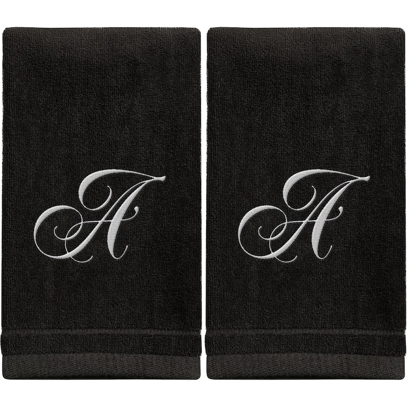 Monogrammed Black Towels Fingertip Embroidered with Initials - A