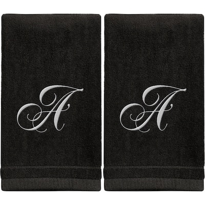 Monogrammed Black Towels Fingertip Embroidered with Initials