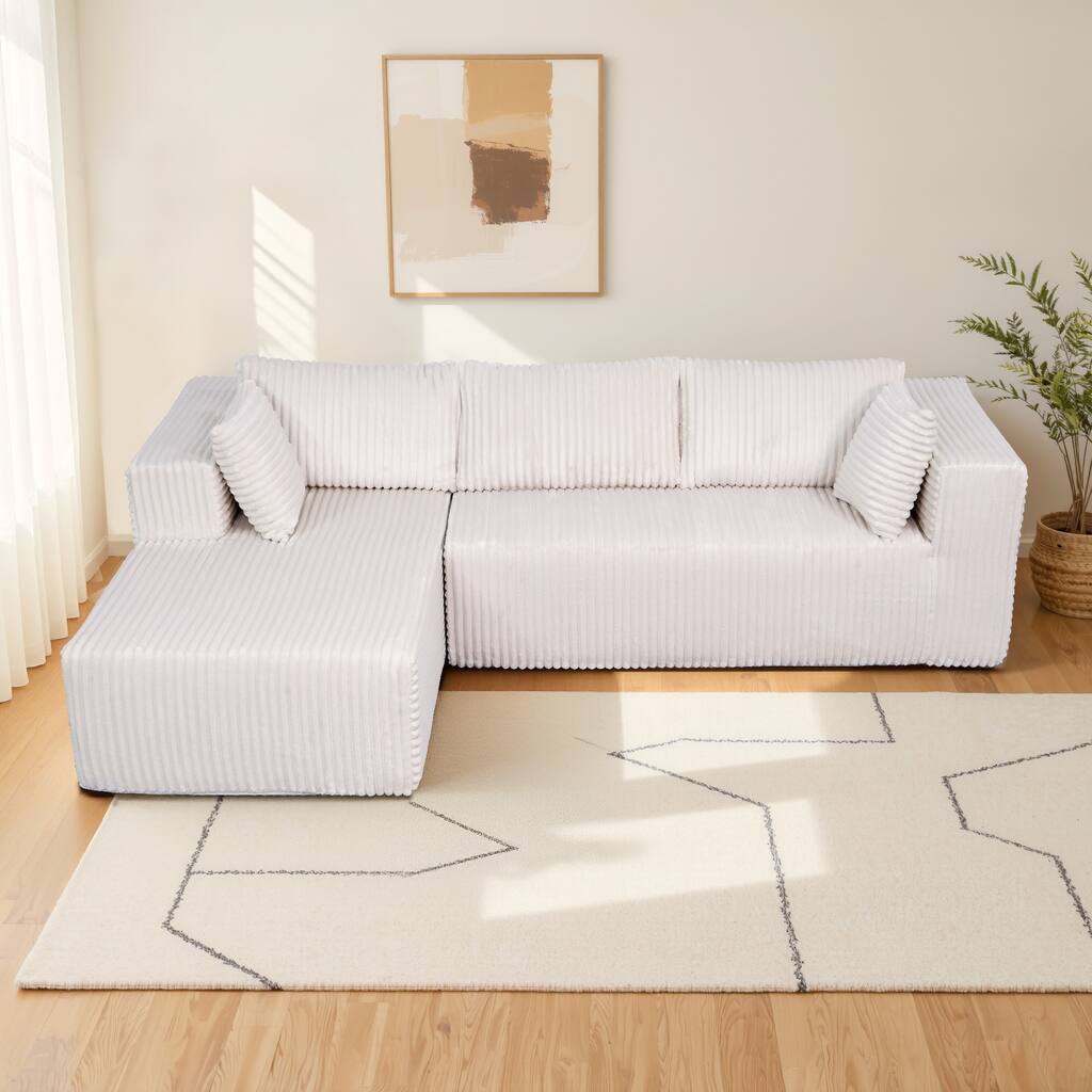 105" L-Shaped Compression Sofa, Beige, Foam, 6 Pillows, Vacuum-Packed, Space-Saving (Right Chaise)