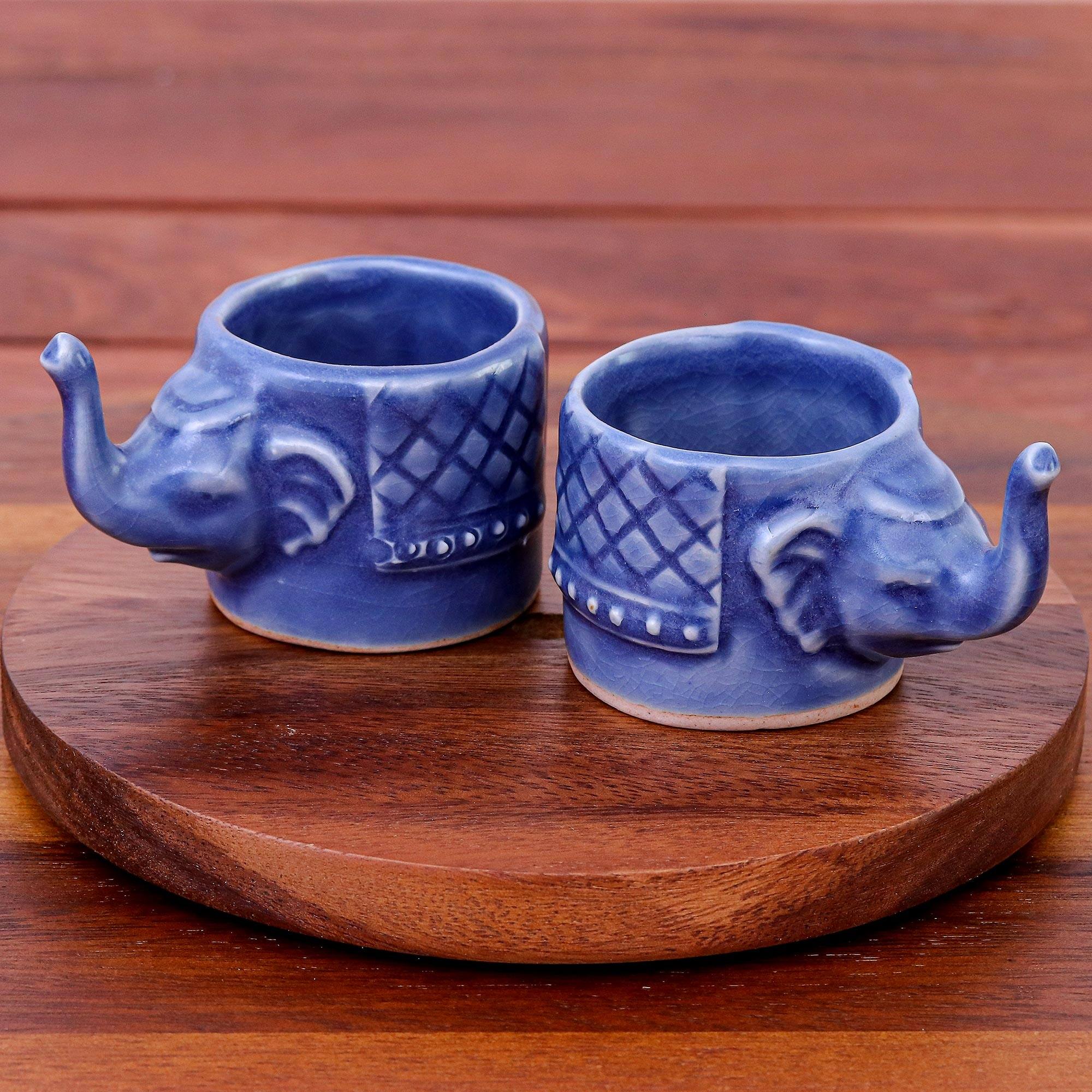 Novica Handmade Elephant Essence In Blue Celadon Ceramic Teacups (Pair