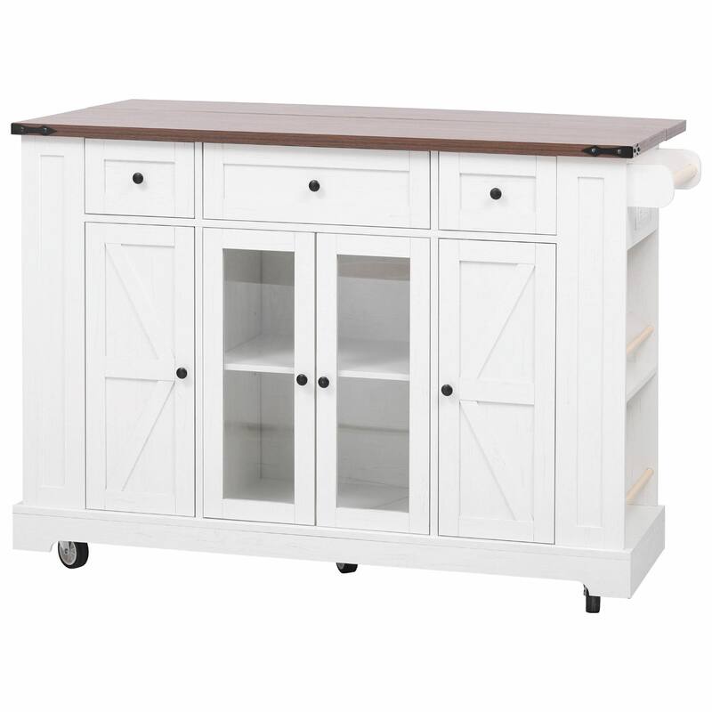 53'' Rolling Farmhouse Kitchen Island - Two Glass Cabinet Doors with Power Outlet