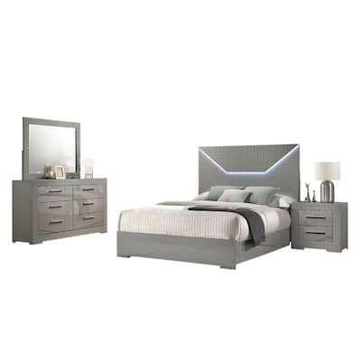 Ivon 4pc Queen Bedroom Set, Diamond Embossed, Gray High Gloss, LED