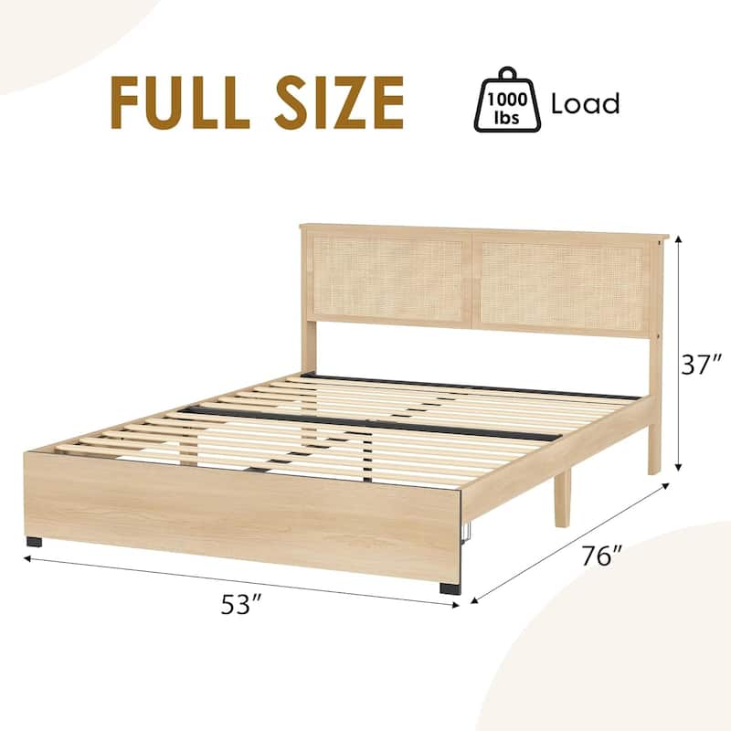 Cane Bed Frame with 2 Storage Drawers and Strong Wood Slats Support