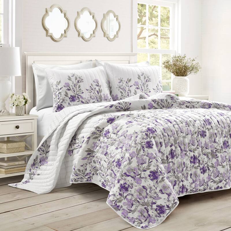Lush Decor Tanisha Reversible Quilt Set - Gray & Purple - Full - Queen - 3 Piece