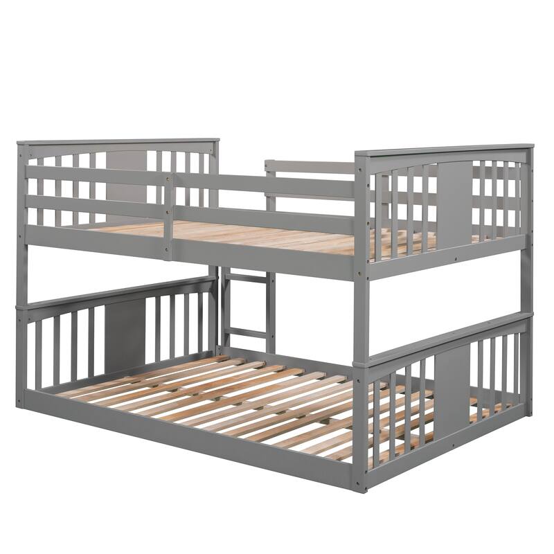 Full Over Full Bunk Bed w/Ladder, Solid Wood Bunk Platform Bedframe with Full Length Guardrail & Headboard, No Spring Box Needed