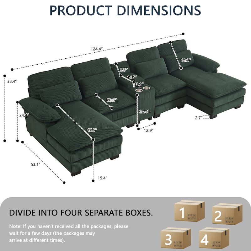 124" Modern Modular Sofa with Double Recliner and USB Port with Center Console