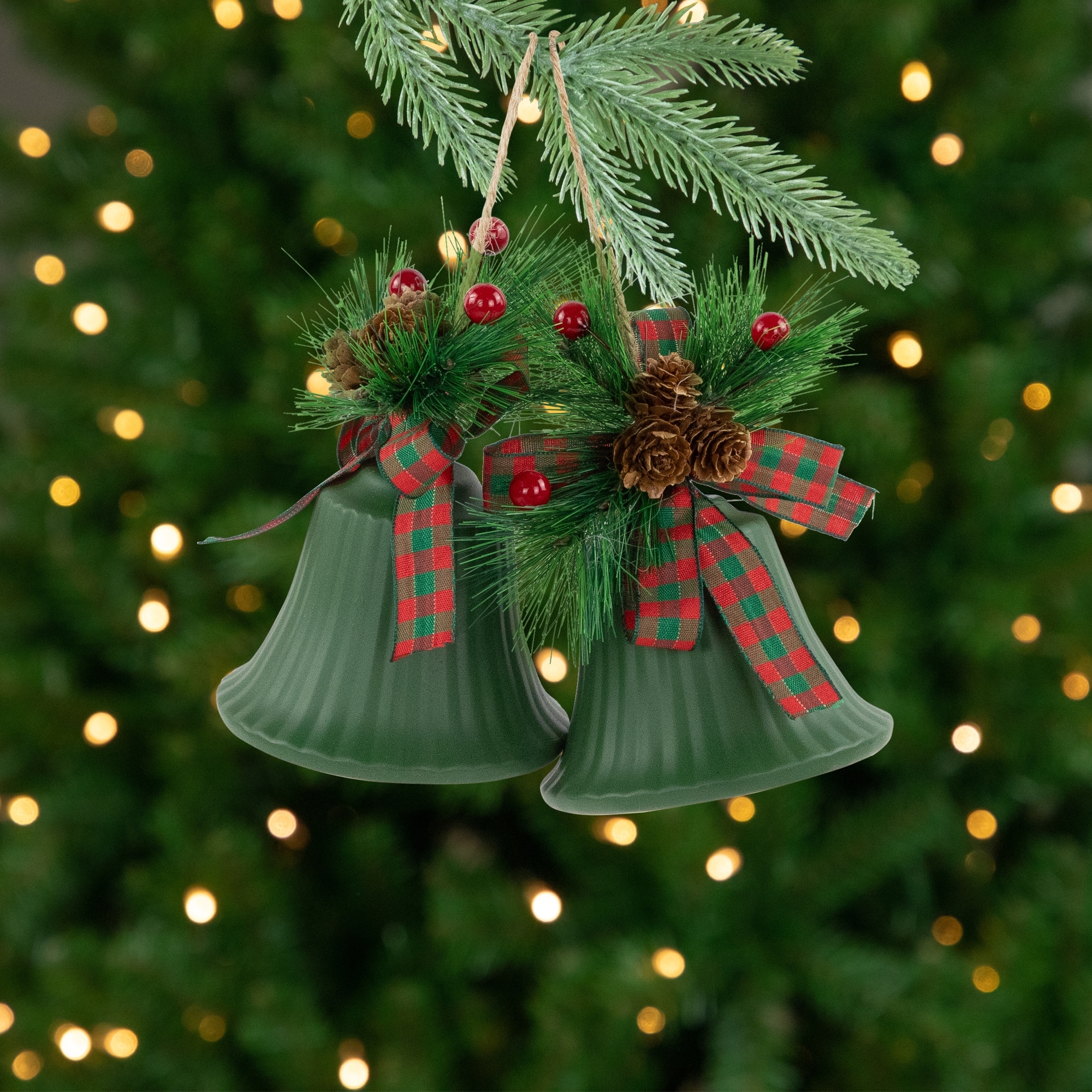Christmas Bells With Pinecones Plaid Bow Ornaments 7" Green Set of 2