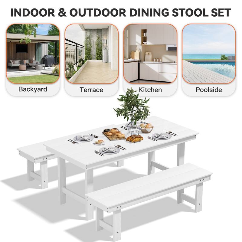 3-Piece HDPE Outdoor Dining Set with Umbrella Hole Table and Two 2-Person Benches