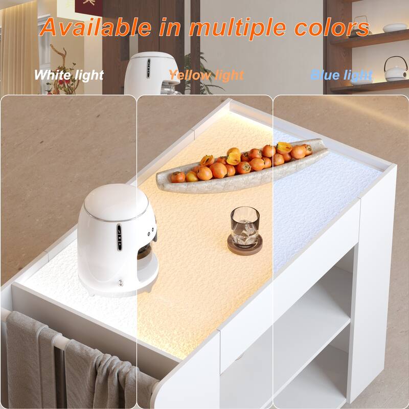 LED Kitchen Island with Tempered Glass Top, Rolling Storage Cabinet with 3-Color Lighting