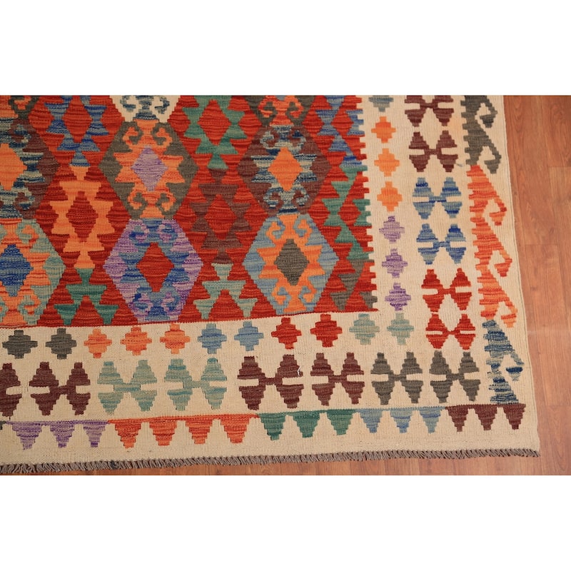All-Over Geometric Kilim Oriental Large Rug Hand-Woven Wool Carpet - 10'0" x 16'2"