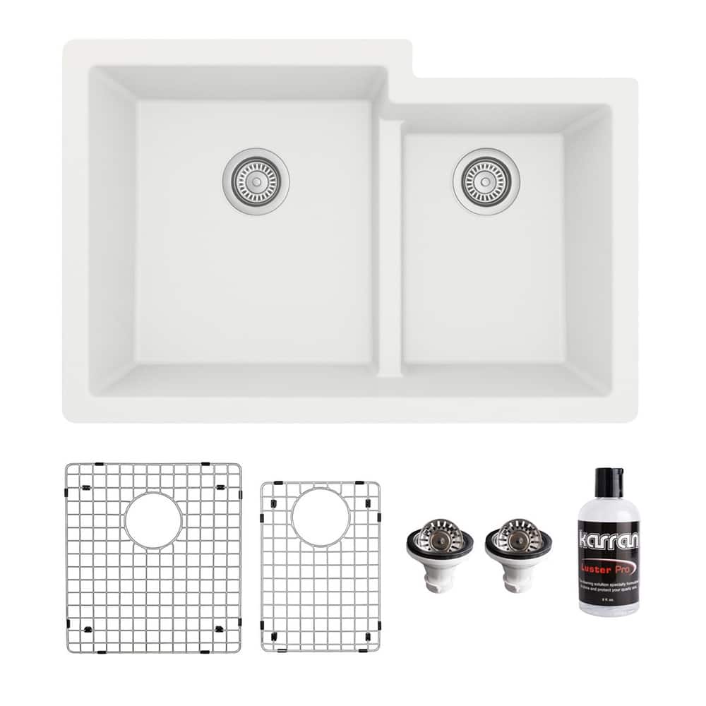Karran 32" Undermount Large/Small Bowl Quartz Kitchen Sink Kit - 32" x 21.25" x 9"