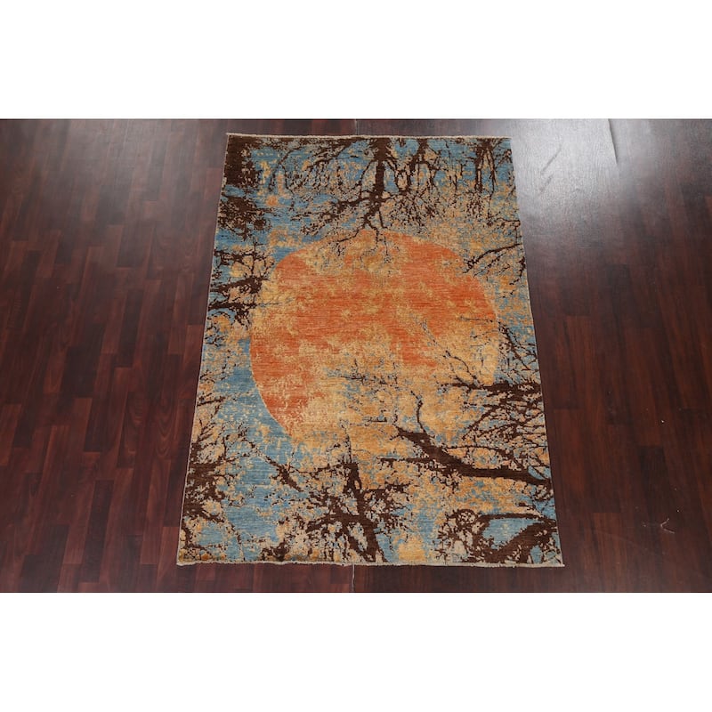 Vegetable Dye Wool/ Silk Abstract Area Rug Hand-knotted Foyer Carpet - 5'5" x 7'9"