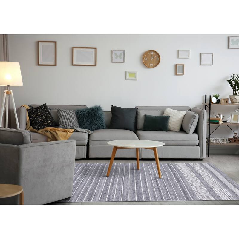 Grey Cream Recycled Striped Area Rug