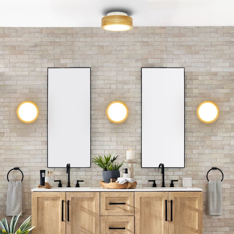 1-Light 7.87 in. Modern Farmhouse Small LED Round Wall Sconce in Natural Rubberwood Finish - 7.87 in. W x 3.35 in. H