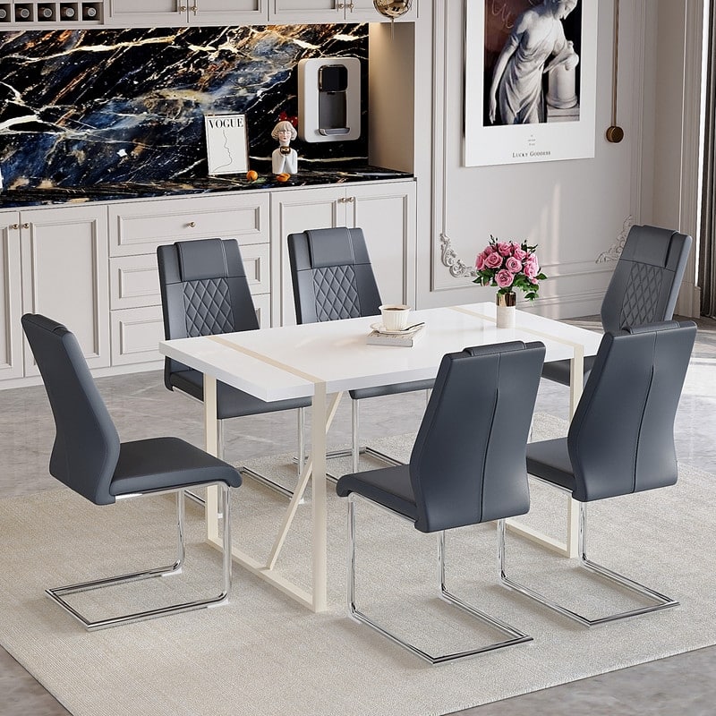 7-Piece Modern Dining Table Set with 6 Upholstered Chairs, Silver Metal Legs - Dark Gray,Silver