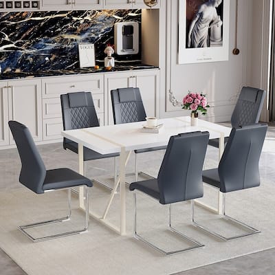 7-Piece Modern Dining Table Set with 6 Upholstered Chairs, Silver Metal Legs