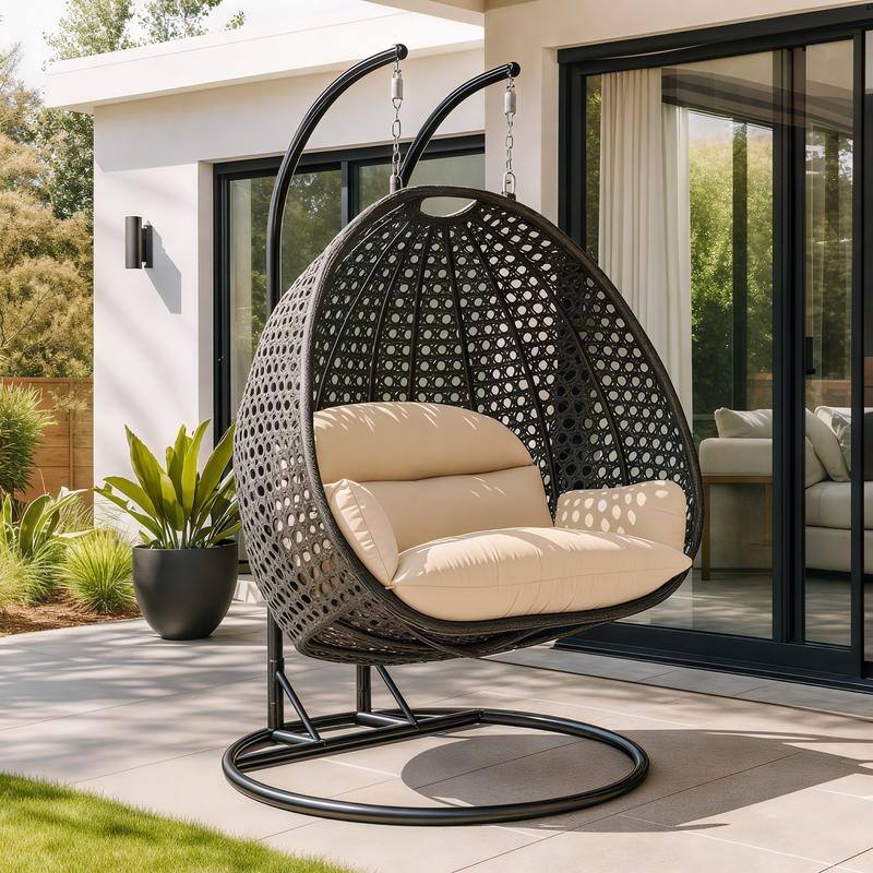Leisuremod Modern Hanging Egg Swing Chair for 2-Person with Metal Stand, Charcoal Wicker, Patio Hammock Lounger with Cushions