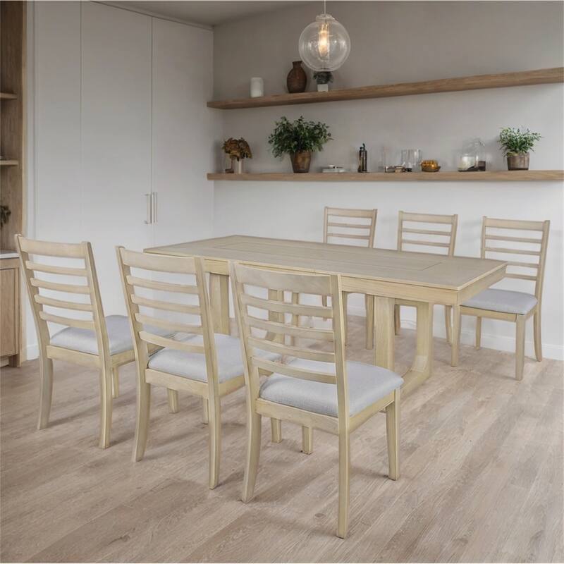 7 Piece Wood Extendable Dining Table Set with 6 Upholstered Chairs