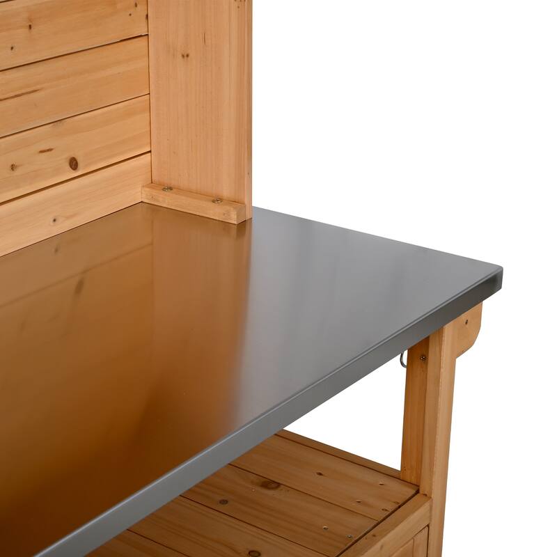 65" Outdoor Potting Bench with Stainless Steel Top, Rolling Garden Workstation with Hutch & Storage