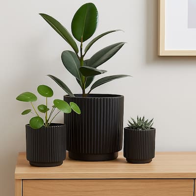 Elly Round Planter Set of 3, Ribbed Texture Black Resin, 16,12,9 Inch