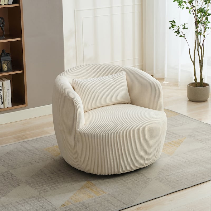 Ivory Corduroy Metal Swivel Armchair with Pillow and Foam Cushion - 34.25” D x 34.25” W x 28.74” H