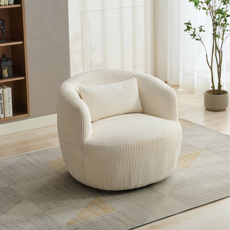 Corduroy Swivel Barrel Chair, Round Leisure Single Sofa Chair, Upholstered Accent Chair with Pillow & Stripe Curved Backrest - Ivory