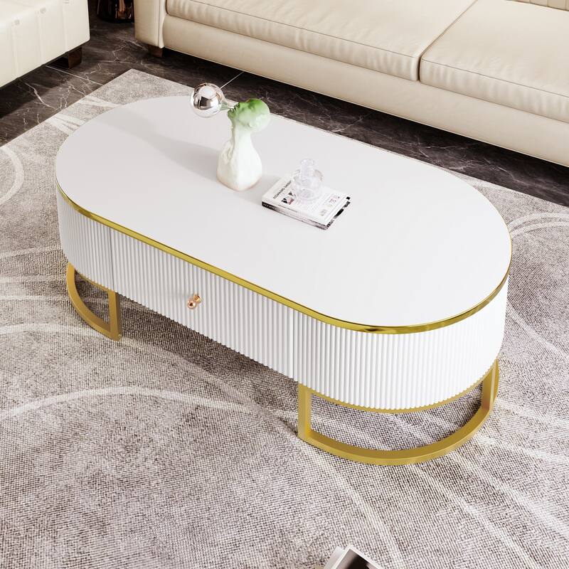 Luxurious Center Table Decorative Table for Living Room, Oval Coffee Table White Gold Sofa Table with Drawers - White Gold