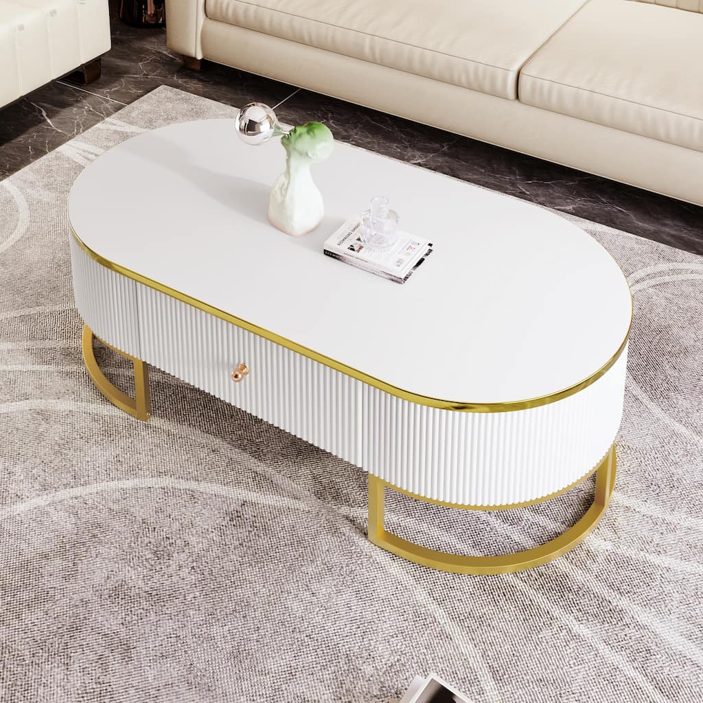 Luxurious Center Table Decorative Table for Living Room, Oval Coffee Table White Gold Sofa Table with Drawers