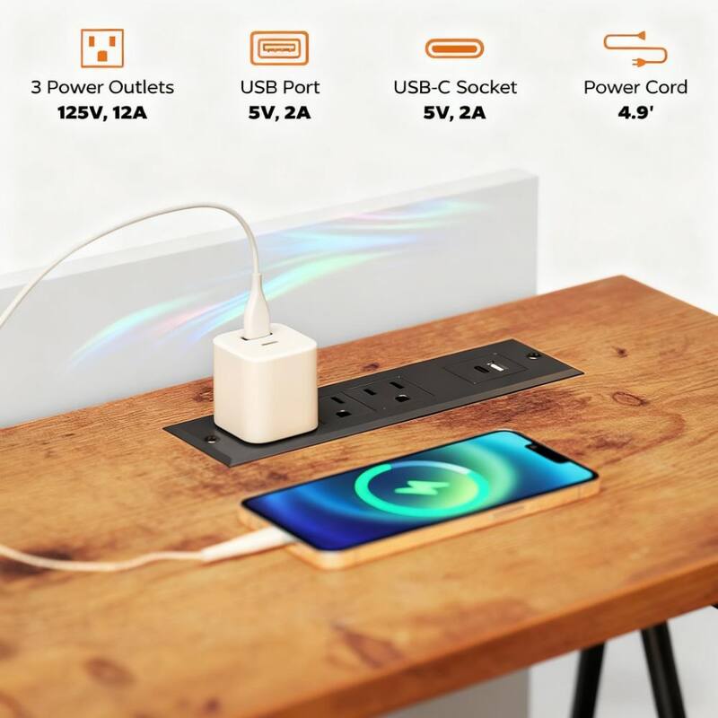 Corner Desk with File Drawer, Power Outlets and LED Lights,For Home and Office