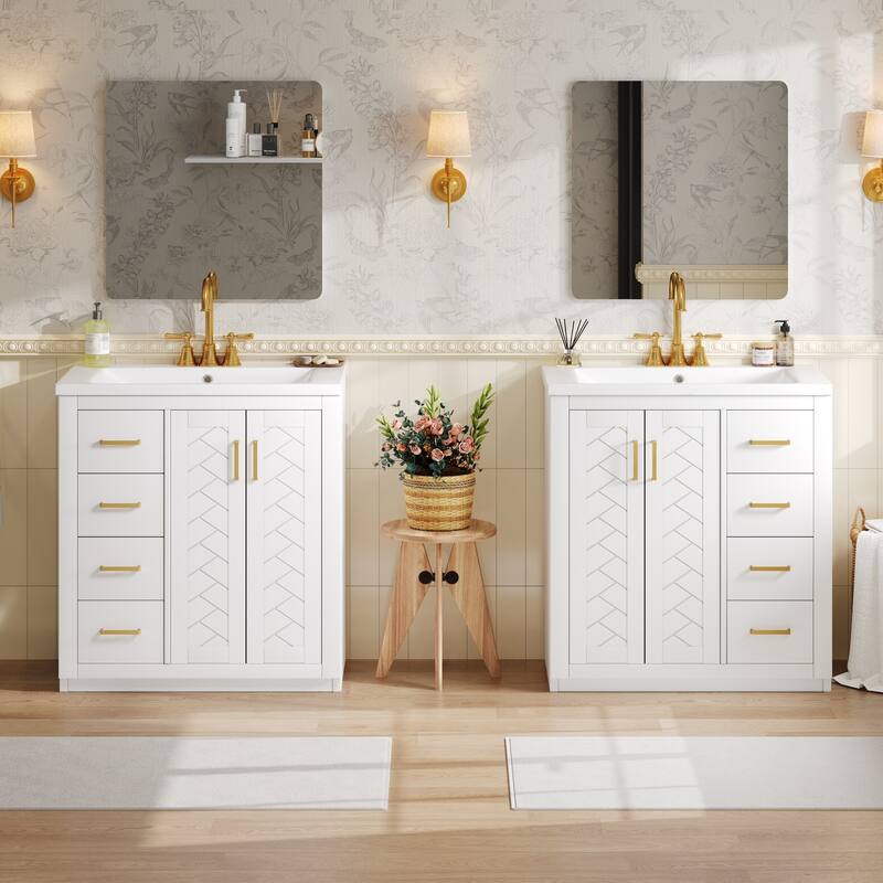Roomfitters 60" Bathroom Vanity with Ceramic Sink, Solid Wood Freestanding Cabinet with Drawers & Soft-Close Doors