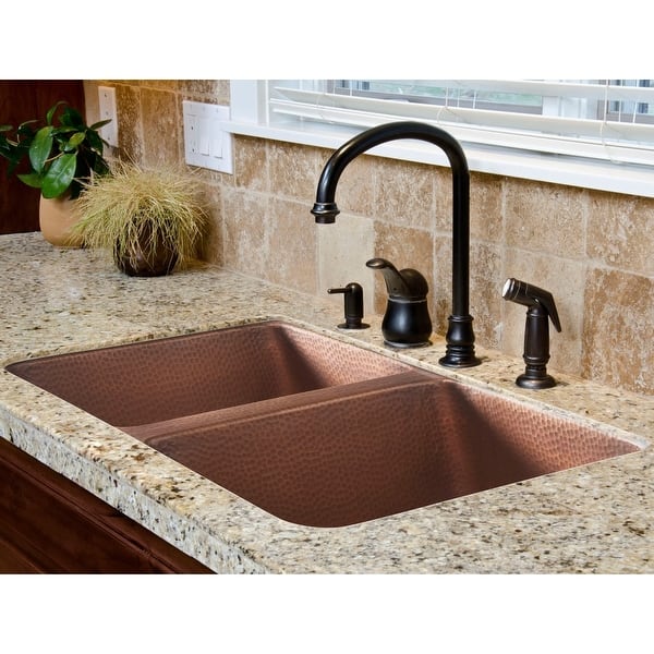 slide 2 of 6, Sinkology Rivera Copper 32" Double Bowl Undermount Kitchen Sink