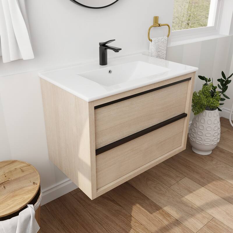 Wall-Mounted Plywood Bathroom Vanity Set in Plain Light Oak with Integrated Sink