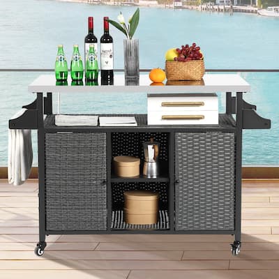 Outdoor Wicker Rolling Bar Cart with Wheels, Storage Cabinet & Stainless Steel Table Top for Garden