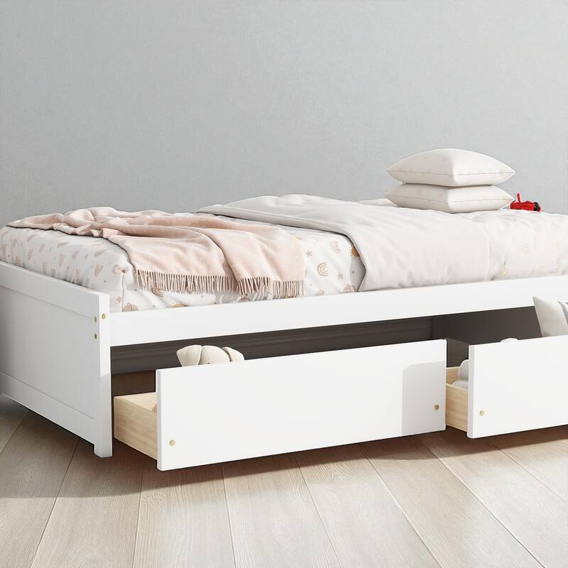 Twin Bed with Storage Drawers, Solid Rubberwood Platform, 10 Slats, No Box Spring Needed, Kids & Guest Room, 76.6"x41.6"