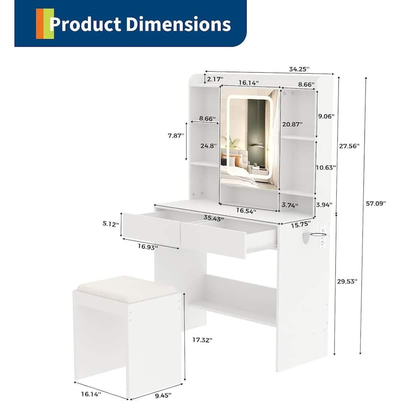 Vanity Desk with Mirror and Lights, USB Outlets for Bedroom