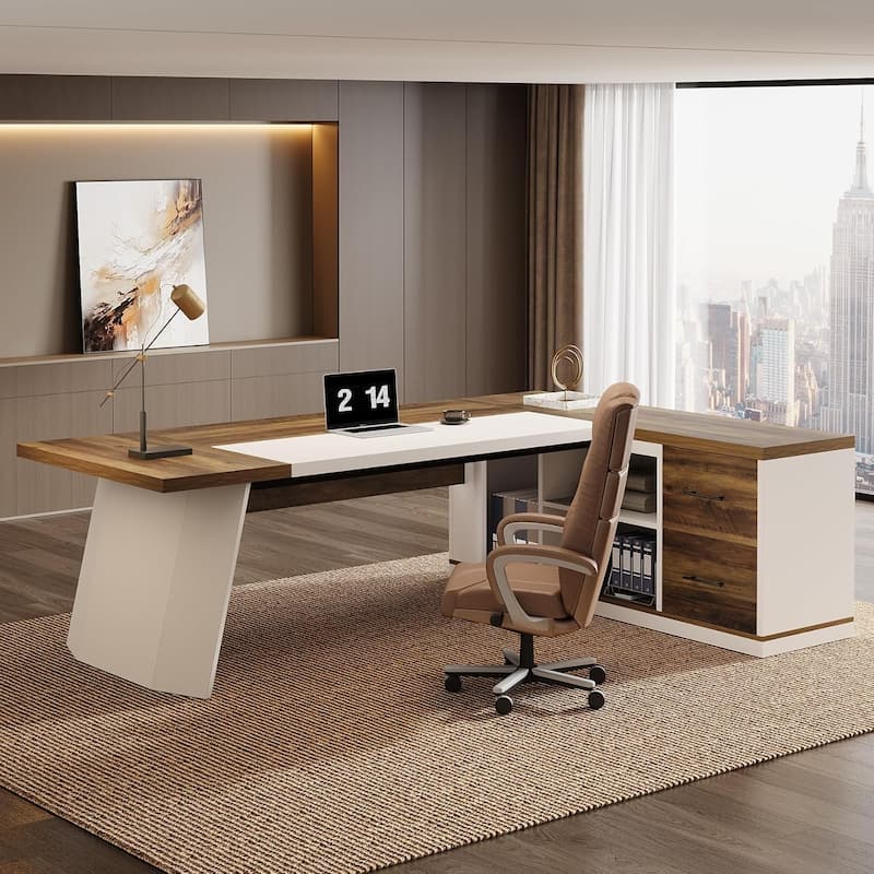 78.7-Inch L-Shaped Executive Desk with 55.1" Storage Cabinet, Modern Office Desk Business Furniture