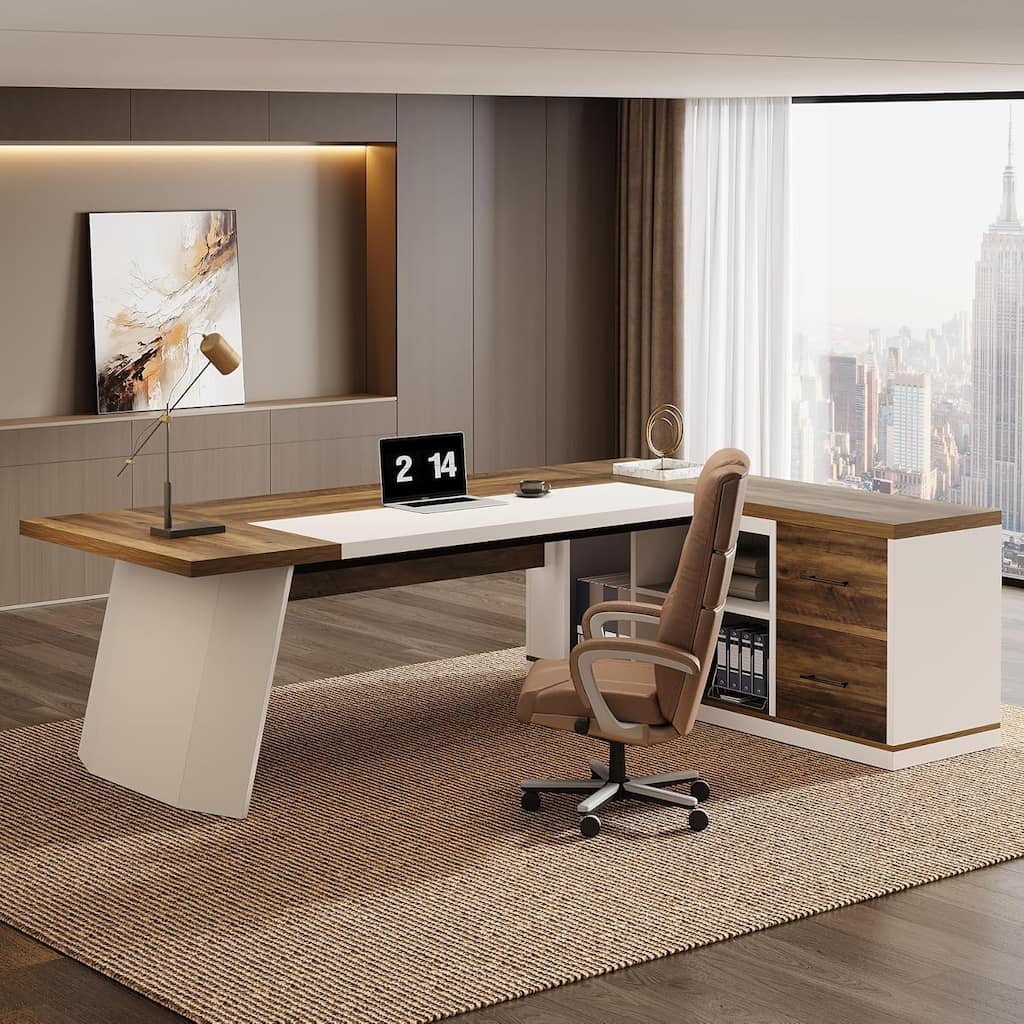 Modern 78.7" L-Shaped Executive Desk with 55.1" Storage Cabinet, Office Desk Large Computer Table