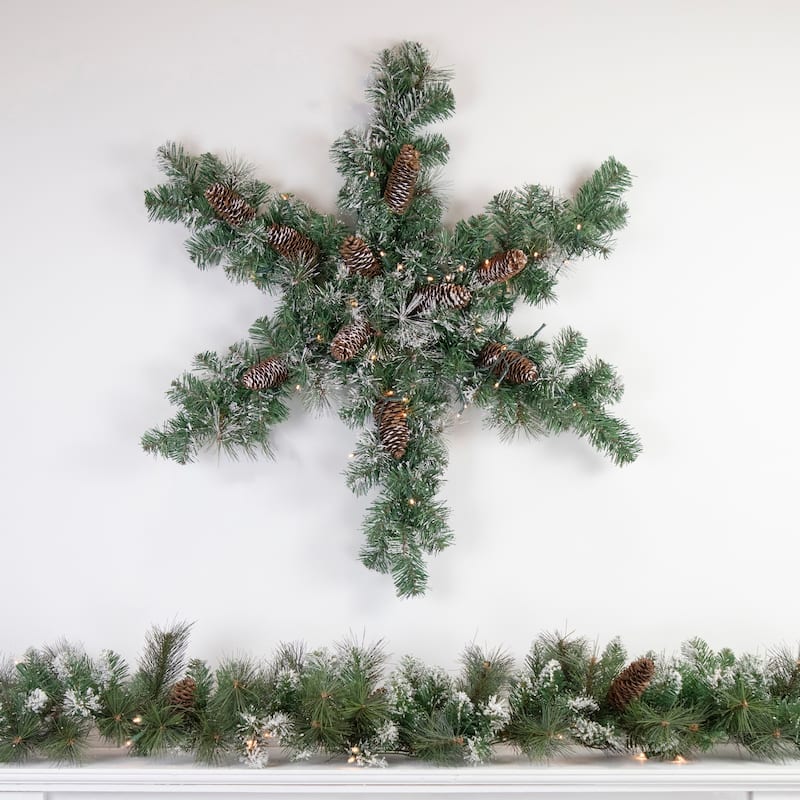 B/O Frosted Mixed Pine Christmas Snowflake Wreath 32" Warm White LED