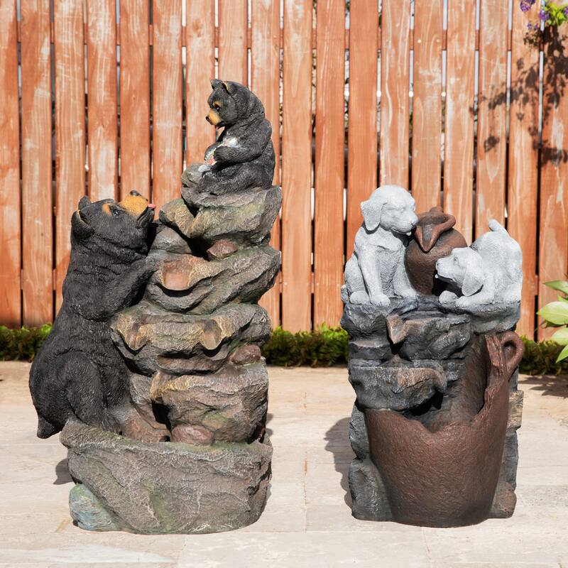 Glitzhome 30.5"H 4-Tiered LED Lighted Mom & Baby Bear Polyresin Outdoor Floor Fountain