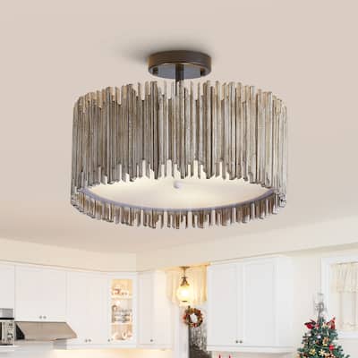 Distressed White 3-Light Wood Drum Semi-Flush Mount Ceiling Light