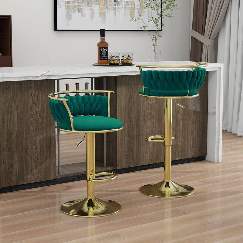 2 Set Velvet Swivel Adjustable Bar Stools with Footrest - Set of 2 - Dark Green 2Set